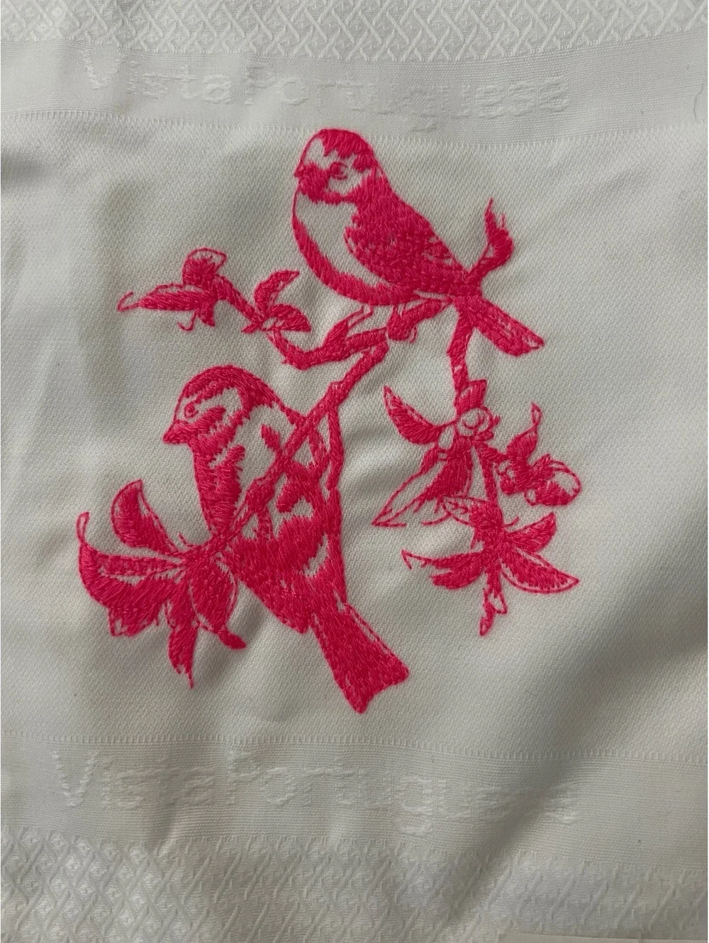 Vista Portuguese White Dish Towel with Pink Bird Embroidery
